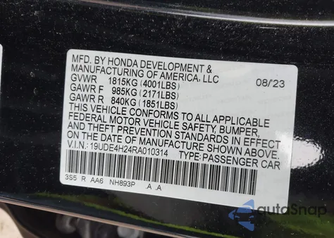 2024 Acura Integra z USA, uszkodzony, nr VIN 19UDE4H24RA010314